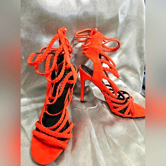 Elegant Red Orange Strappy Heels - Picture 1 of 9